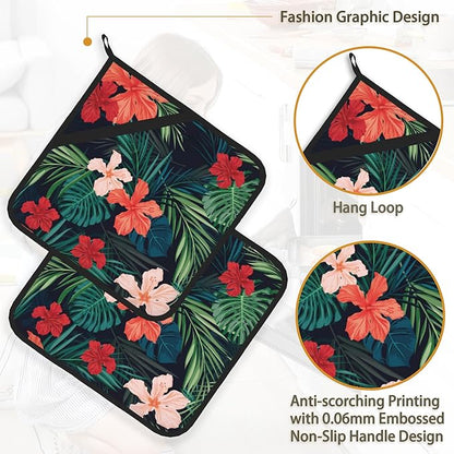 Tropic Hawaiian Hibiscus Flower Pot Holder Set of 2,Heat Resistant Potholders Oven Hot Pads for Kitchen Cooking Baking BBQ