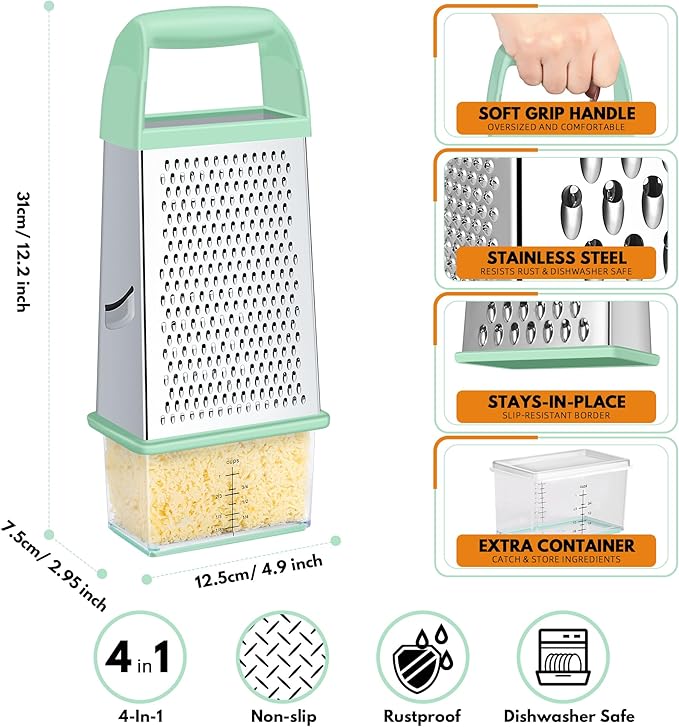Urbanstrive Cheese Grater With Container, Professional Cheese Grater with Handle, Stainless Steel Graters for Kitchen Handheld, Box Grater with 4 Sides for Vegetables, Ginger, Potatoes (Mint Green) - Image 2
