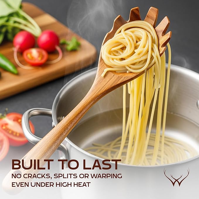 12 Pcs Wooden Cooking Utensils Set – Luxury Wooden Kitchen Utensils with Holder, Versatile Wooden Spoons for Cooking & Durable Teak Wood Utensil Set for Modern Home - Cooking spoons with Spatula - Image 4