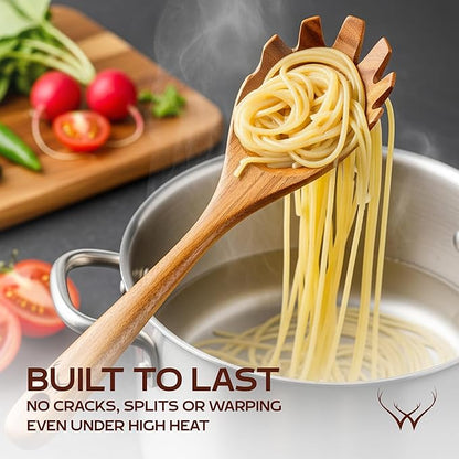 12 Pcs Wooden Cooking Utensils Set – Luxury Wooden Kitchen Utensils with Holder, Versatile Wooden Spoons for Cooking & Durable Teak Wood Utensil Set for Modern Home - Cooking spoons with Spatula - Image 4