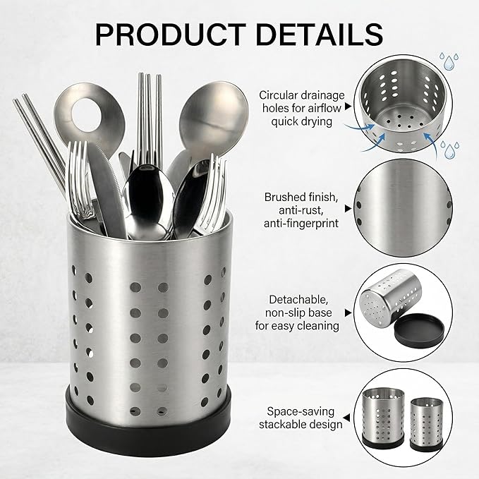 TOPZEA Set of 4 Kitchen Utensil Holder, Stainless Steel Cooking Utensil Organizer Flatware Silverware Holder Drying Rack Cylinder Kitchen Countertop Caddy for Chopstick, Spoon, Fork, Cultery, Straw - Image 3