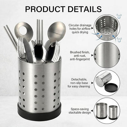 TOPZEA Set of 4 Kitchen Utensil Holder, Stainless Steel Cooking Utensil Organizer Flatware Silverware Holder Drying Rack Cylinder Kitchen Countertop Caddy for Chopstick, Spoon, Fork, Cultery, Straw - Image 3