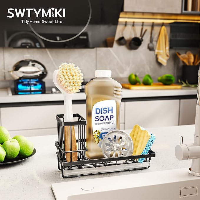 SWTYMIKI Sink Caddy Sponge Holder - Kitchen Sink Organizer with High Brush Holder for Countertop to Hold Dish Soaps and Sponges, Stainless Steel, Black - Image 7