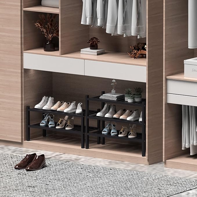 ROMGUAR CRAFT 2 Tier (Thick) Bamboo Shoe Rack for Closet Free Standing Wood Shoe Shelf for Entryway Small Space Stackable 27"x12"x14" (Black) - Image 4