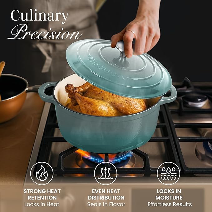 Nuovva Enamelled Cast Iron Dutch Oven Pot with Lid 6.4 Quart Non Stick Casserole Pot – Heavy Duty & Oven Safe up to 500° F for Bread Baking, Braising, Stews, Roasting – 28cm Sea Salt - Image 7