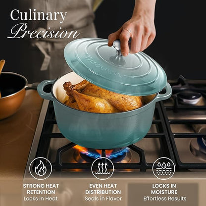 Nuovva Enamelled Cast Iron Dutch Oven Pot with Lid 6.4 Quart Non Stick Casserole Pot – Heavy Duty & Oven Safe up to 500° F for Bread Baking, Braising, Stews, Roasting – 28cm Sea Salt - Image 7