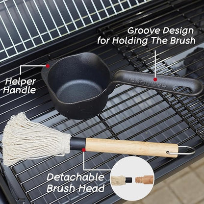Cast Iron Sauce Pan and Basting Pot with BBQ Mop Brushes - Cast Iron Small Sauce Pots 2 Pcs for Grilling, Melting, Camping Cooking & Stoves - Mini Pot for Butter Melter