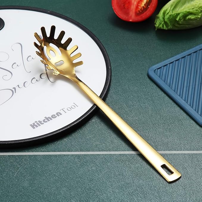 Gold Spaghetti Spoon, Berglander Pasta Server With Titanium Gold Plating, Stainless Steel Spaghetti Server For Cooking, Pasta Fork, Noddle Fork, Dishwasher Safe, Easy to Clean - Image 4