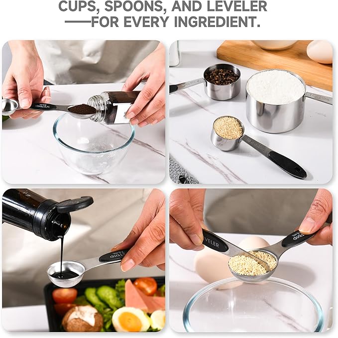Magnetic Measuring Cups and Spoons Set, Strong N45 Magnets, 304 Stainless Steel, Double-Sided Measuring Spoons, 14-Piece Set with Leveler for Baking & Cooking - Image 7