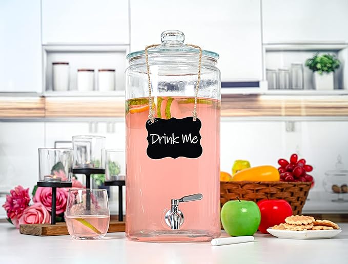 2 Gallon Beverage Dispenser with Stainless Steel Spigot + Marker & Chalkboard 100% Leakproof Glass Drink Dispenser for Parties with Spout, Airtight Beverage Serveware for Water Juice Laundry - Image 6