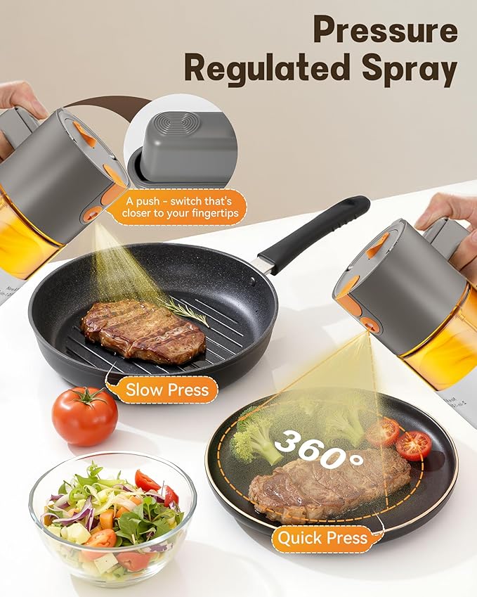 OURCABECUE Upgrade 2 in 1 Oil Sprayer for Cooking, 17oz Light-Blocking Glass Olive Oil Dispenser Bottle for Kitchen,Food-Grade Oil Mister with 8 Stickers for Salad, Frying (Grey) - Image 3