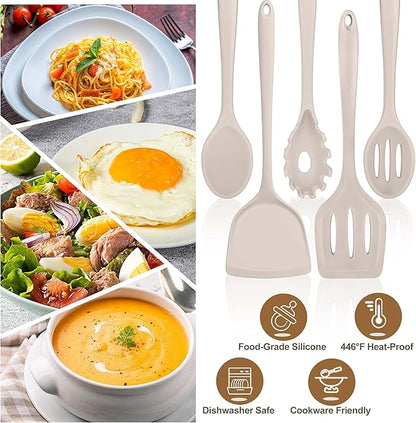 TeamFar Silicone Cooking Utensils Set, 5-Piece Heat Resistant Kitchen Utensils Set, Nonstick Slotted Solid Spoon Turner Pasta Server for Frying, Serving, Mixing, Non-Toxic & Dishwasher Safe, Khaki - Image 5