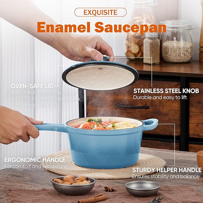 Homikit Small Cast Iron Pot, 1 QT Enameled Cast Iron Sauce Pan with Lid, Heavy Duty Enamel Dutch Oven Kitchen Cookware for Making Pasta, Boiling Soup, Warming Milk, Nonstick & Oven Safe, Sky Blue