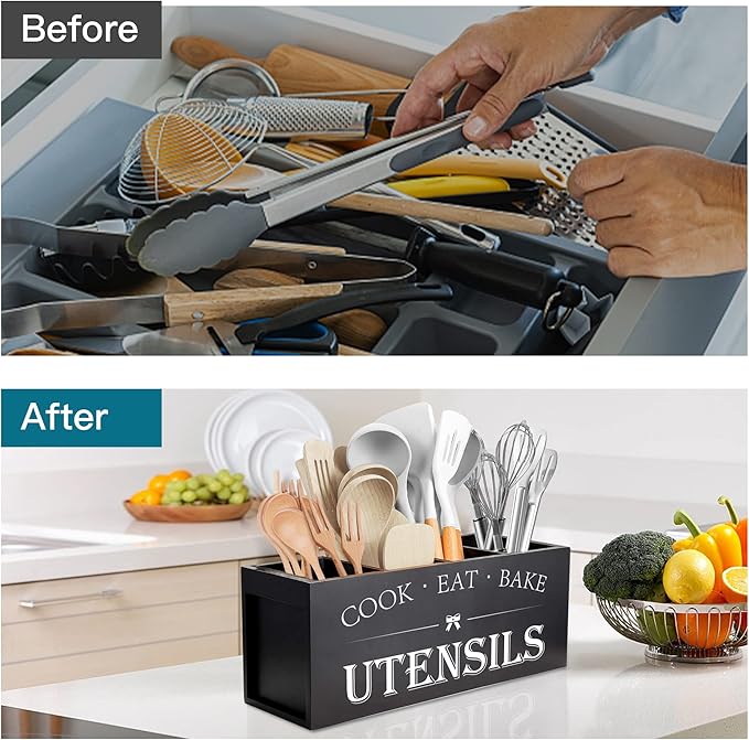 Suli Extra Large Kitchen Utensils Holder with 4 Compartments, Wooden Utensil Organizer for Kitchen Countertop, Farmhouse Kitchen Decor, Rustic Cooking Utensil - Black - Image 3