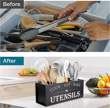 Suli Extra Large Kitchen Utensils Holder with 4 Compartments, Wooden Utensil Organizer for Kitchen Countertop, Farmhouse Kitchen Decor, Rustic Cooking Utensil - Black - Image 3