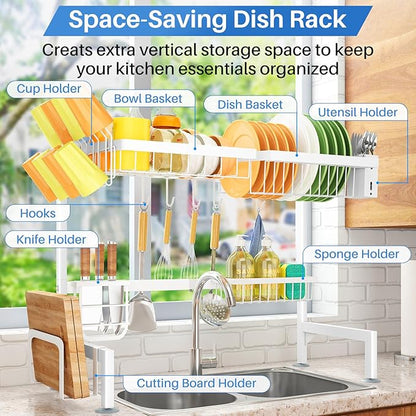 SNTD Over The Sink Dish Drying Rack - Adjustable Dish Rack for Kitchen Counter, Metal (White) - Image 2