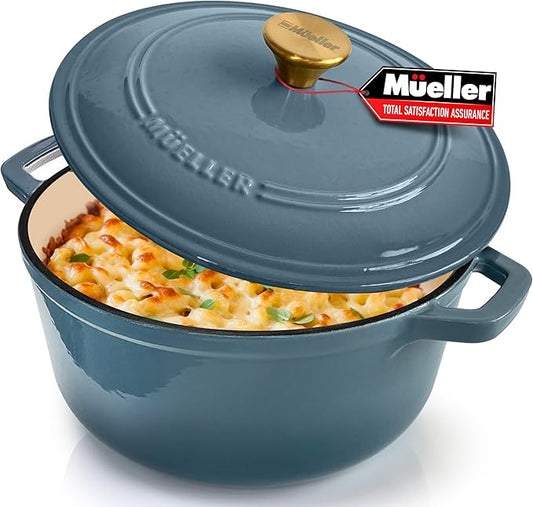MUELLER HOME 7.5 Quart Enameled Cast Iron Pot Dutch Oven, Heavy-Duty, Oven-Safe up to 500° F & Across All Cooktops, Bread Pan with Lid & Knob, Cast Iron Cookware, Blue Kitchen Accessories,Mineral Blue by MUELLERHOME