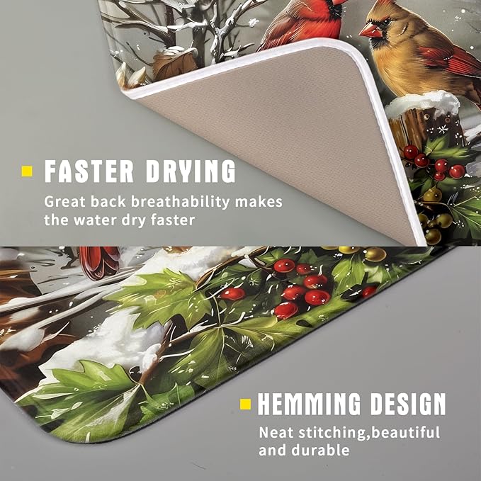 Winter Dish Drying Mat for Kitchen Counter 16x18 Inch Red Birds Cardinal Tree Christmas Theme Print Absorbent Reversible Microfiber Drying Mats Kitchen Countertop Protector Dishes Drainer Rack Pad - Image 3