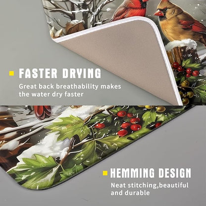 Winter Dish Drying Mat for Kitchen Counter 16x18 Inch Red Birds Cardinal Tree Christmas Theme Print Absorbent Reversible Microfiber Drying Mats Kitchen Countertop Protector Dishes Drainer Rack Pad - Image 3