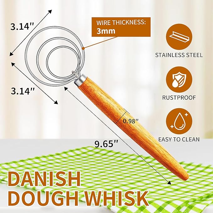 TEEVEA Danish Dough Whisk for Bread Sourdough, Wooden Handle & Stainless Steel Hook - Image 2