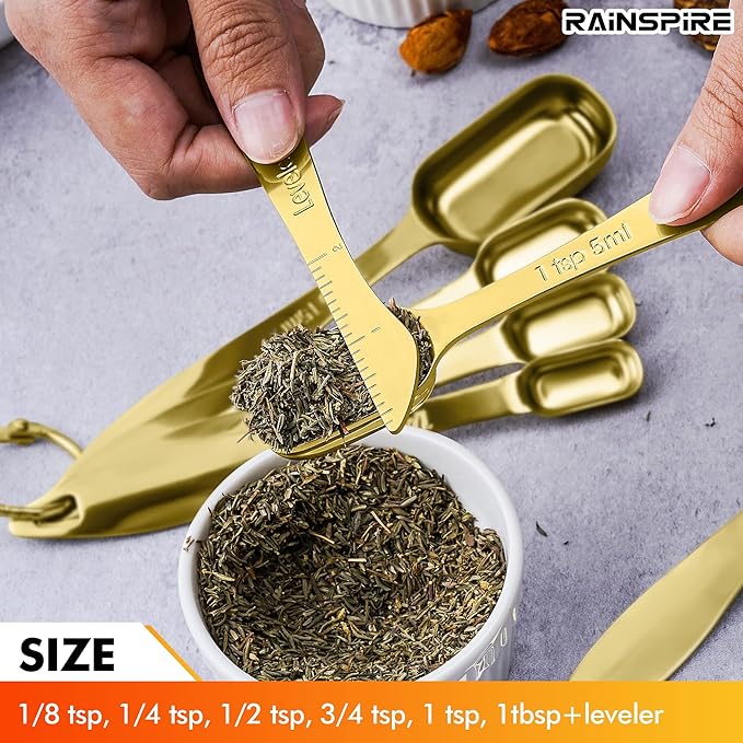 Rainspire Heavy Duty Measuring Spoons Set Stainless Steel, Metal Measuring Cups and Spoons Set for Dry or Liquid, Fits in Spice Jar, Home Gadgets Kitchen Gadgets, Set of 7 Including Leveler, Gold - Image 3