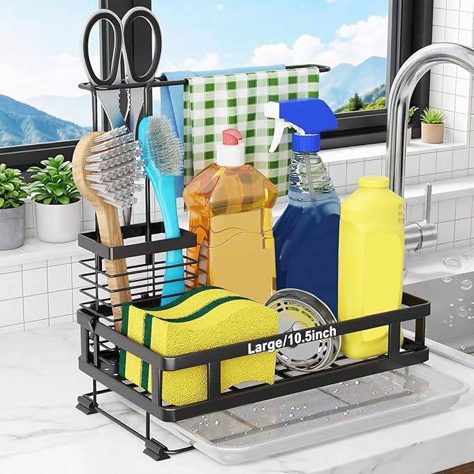 Godboat Kitchen Sink Organizer with Brush Rack, 304 Stainless Steel Dish Soap Dispenser, Sponge Holder for Kitchen Sink, Sink Caddy with Drain-Pan, Cool Kitchen Gadgets & Gifts for Women, Christmas by Godboat