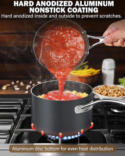 Cooks Standard Nonstick Sauce Pan Set, 2Qt & 3Qt Hard Anodized Saucepans with Lid Cooking Pots, Oven Safe, Easy to Clean, Black