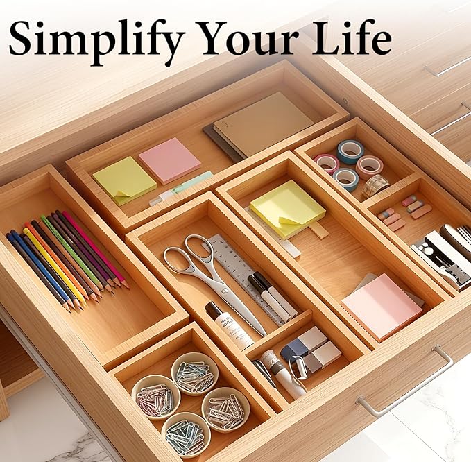 Bamboo Drawer Organizer 5 Pcs for Kitchen Multi-purpose Storage Dividers for Kitchen, Office, Jewelry, Cosmetics, Wooden Drawer Dividers for Drawer Organizer Desk Organizer Gift for Women Gifts Idea - Image 8