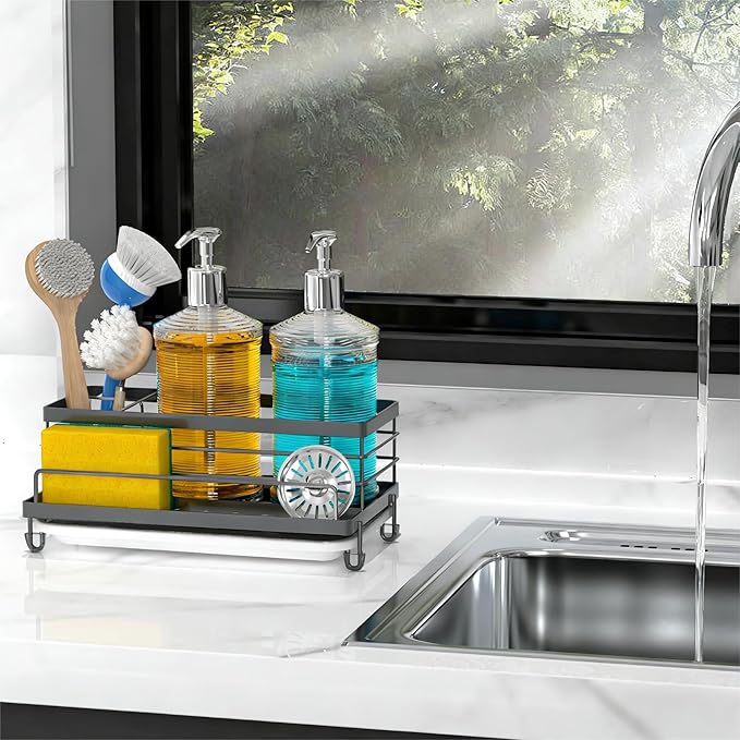 Cisily Gray Sponge Holder for Kitchen, Sink Caddy Sink Organizer Rack for Kitchen Accessories with Drip Tray, Rustproof and Non-slip, Soap Dispenser Countertop Organizer Essentials for New Home - Image 6