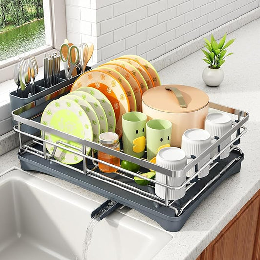 Dish Drying Rack - Stainless Steel Dish Rack for Kitchen Counter, Large-Capacity Dish Drainer with Cutlery Holder, Kitchen Organizer for Dishes, Spoons and Forks, Silver by SAYZH