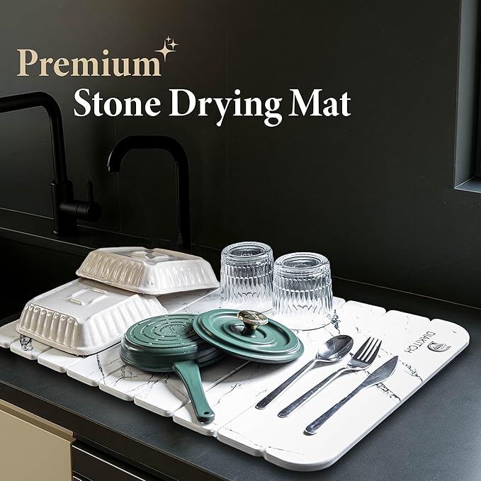 Stone Drying Mat for Kitchen Counter – Super Absorbent Stone Dish Drying Mat, Foldable & Quick Dry, Diatomaceous Earth Mat for Dish & Bottle, Ideal for Kitchen - 23.6" x 15.4", White - Image 4