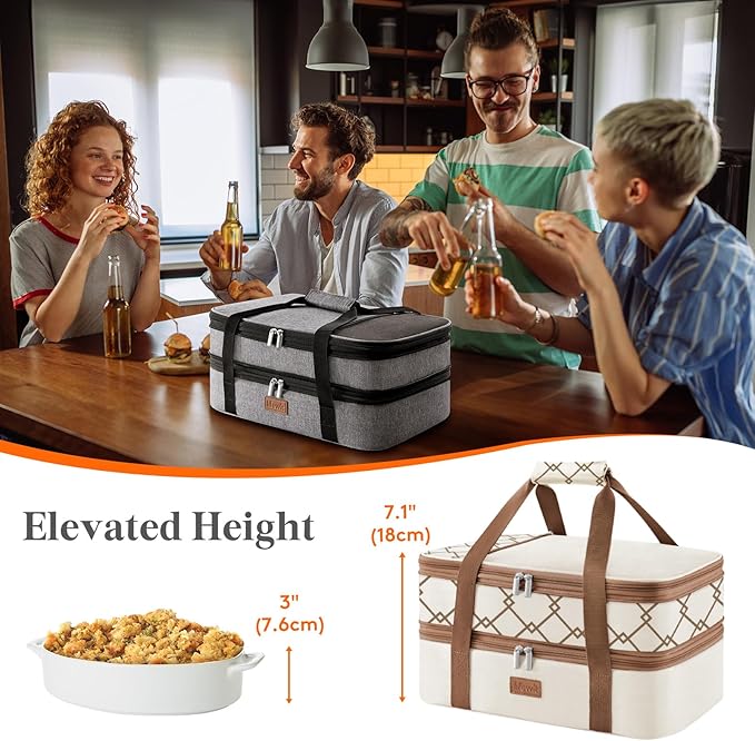 Lifewit Insulated Double Decker Casserole Carrier, Expandable Lasagna Lugger Tote Bag for Hot or Cold Food, Fits 9" x 13" Baking Dish for Potluck Parties, Picnic and Cookouts, Cream-Geometric