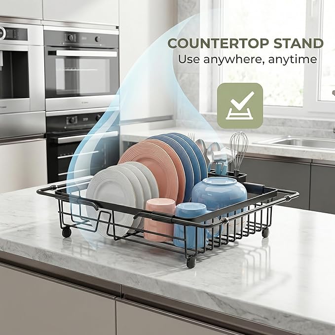 Expandable in Sink Dish Drying Rack - Adjustable Capacity Over The Sink Dish Drainer Drying Rack with Utensil Holder for Kitchen Counter, Drying Rack for Small Space,14.37“-21.06”L x 11.81“W x 3.74”D - Image 6
