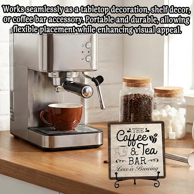 Coffee Bar Sign, Love is Brewing Farmhouse Tabletop Decor, Coffee and Tea Lover Gifts, 5x5 Wood Plaque with Iron Stand for Home Kitchen Cafe, Coffee Bar Decor – L10 - Image 4