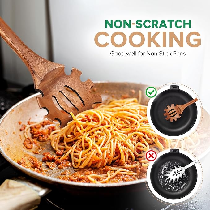 Wooden Spoons for Cooking,2 Pcs Wooden Utensil Set of Soup Ladle &Spaghetti Pasta Spoon with Teeth, Teak Wood Soup Ladle&Slotted Pasta Fork Strainer Spoon Set for Serving Collecting Noodle Gravy Sauce - Image 5