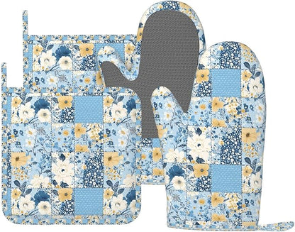 Oven Mitts and Pot Holders Floral Blue Pastel Vintage Silicone Kitchen Accessories Set of 4 Heat Resistant Long Gloves Potholder Non-Slip Grip for Chef Cooking Baking Grilling BBQ