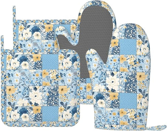 Oven Mitts and Pot Holders Floral Blue Pastel Vintage Silicone Kitchen Accessories Set of 4 Heat Resistant Long Gloves Potholder Non-Slip Grip for Chef Cooking Baking Grilling BBQ