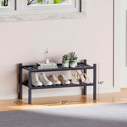 ROMGUAR CRAFT 2 Tier (Thick) Bamboo Shoe Rack for Closet Free Standing Wood Shoe Shelf for Entryway Small Space Stackable 27"x12"x14" (Black) - Image 3