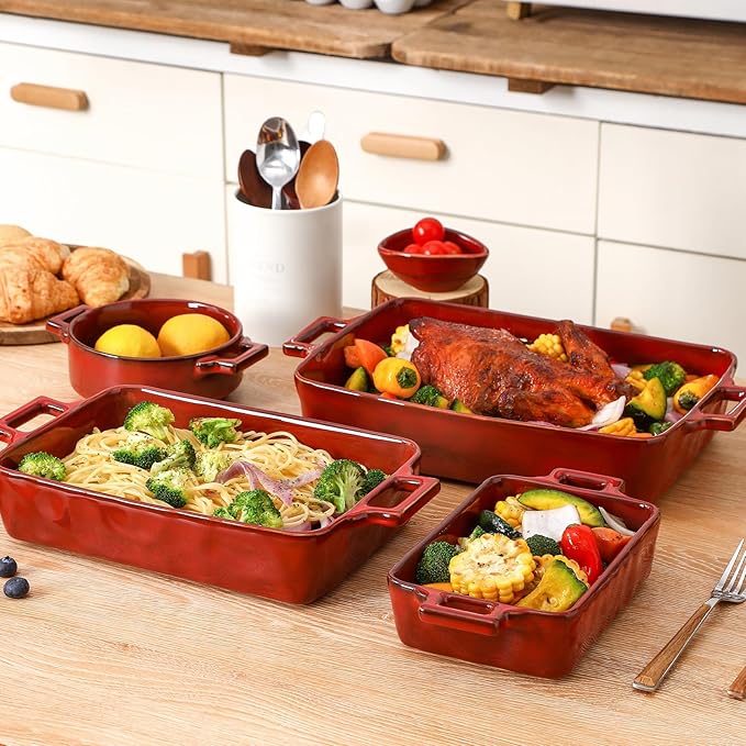 VICRAYS Ceramic Bakeware Set, Porcelain Rectangular Baking Dish, Baking Pan Lasagna Pans Casserole Dish Set for Cooking, Kitchen, Cake Dinner, Banquet, 3 PCS, 15 x 8.5 Inches (Cherry Red) - Image 5