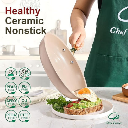 Chef Power Ceramic Cookware Sets, 15Pcs Pots and Pans Set Non Stick, Cookware Set with Stainless Steel Handle, Dishwasher & Oven Safe, Taupe and Light Gold Handle - Image 3
