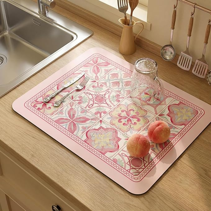 Boho Dish Drying Mat for Kitchen Counter - Super Absorbent Faux Leather Kitchen Mat, Quick Dry & Non-Slip Countertop Protector, Aesthetic Bohemian Decor for Coffee Bar (17"x31.5", Pink)