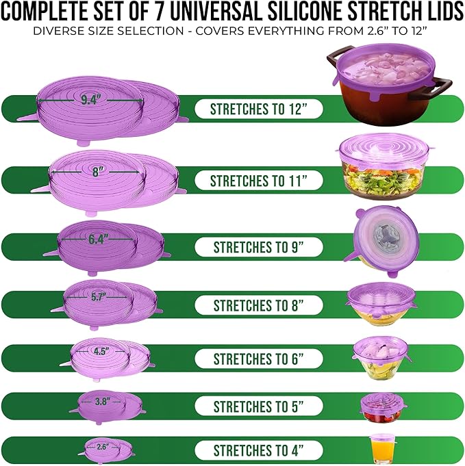 Reusable Silicone Stretch Lids for Food Storage in Fridge - Elastic Heat-Resistant Bowl Covers, Cups, Cans, Jars - Universal Food Grade Lid for Containers - 7 Pack - Purple Stretchy Lid Set - Image 2
