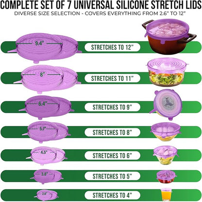 Reusable Silicone Stretch Lids for Food Storage in Fridge - Elastic Heat-Resistant Bowl Covers, Cups, Cans, Jars - Universal Food Grade Lid for Containers - 7 Pack - Purple Stretchy Lid Set - Image 2