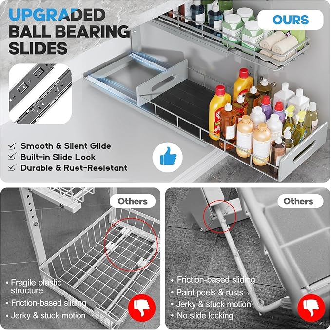 Under Sink Organizer Upgrade To Professional Rails,2-Tier Dual Pull Out Cabinet Storage,Height Adjustable Slide Out Drawers For Bathroom Kitchen,1 Pack-21"Dx12.8"-16.9"H,Gun Gray - Image 3