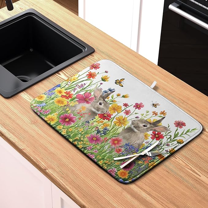 Easter Dish Drying Mat for Kitchen Counter Easter Bunny Flowers Dish Drying Pad Spring Rabbit Floral Dishes Drainer Mats Absorbent Microfiber Kitchen Countertop Protector Drying Mats 18x24 in - Image 6