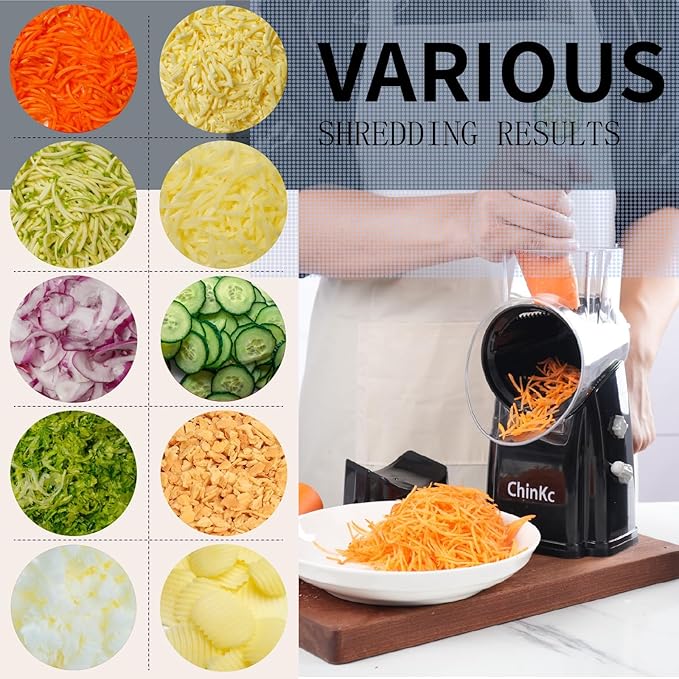 Upgrade Rotary Cheese Grater Shredder with Handle, Strong Suction Base, Multi-purpose Rotary Grater Slicer with 5 Interchangeable Blades for Ice, Vegetables, Fruit, Nuts with Blade Storage Box - Image 4