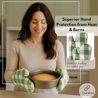 Native Fab Buffalo Plaid Check Oven Mitts and Pot Holders Set of 4, 100% Cotton Heat Resistant Kitchen Gloves, 2 Oven Mitts (7x13), 2 Pot Holders (8x8) for Cooking & Baking, Mint Green White - Image 5