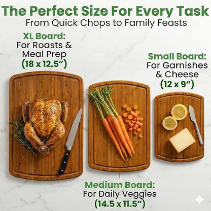 Greener Chef Luxury Bamboo Cutting Board 3-Piece Set with Carbonized Vertical Grain Strength Technology - Extra Large Wooden Cutting Boards for Kitchen with Deep Juice Grooves - Lifetime Replacements - Image 3