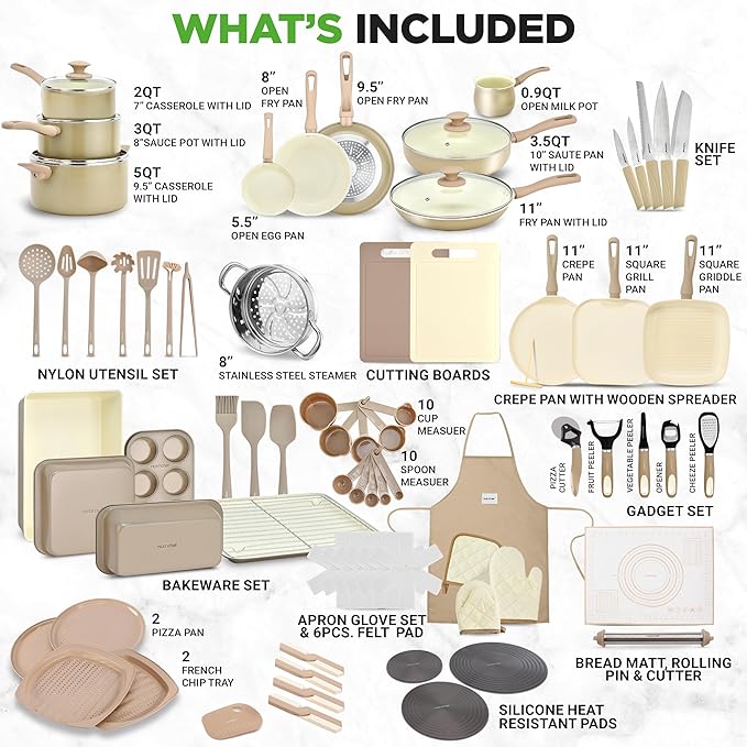 NutriChef 75-Piece Non-Stick Pots and Pans Set, Complete Ceramic Cookware Set with Bakeware, Utensils, Knife Set, & Accessories, Stain-Resistant, Food-Grade Safe, Cream/Brown - Image 2