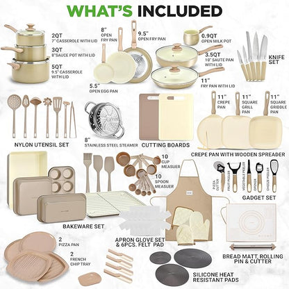 NutriChef 75-Piece Non-Stick Pots and Pans Set, Complete Ceramic Cookware Set with Bakeware, Utensils, Knife Set, & Accessories, Stain-Resistant, Food-Grade Safe, Cream/Brown - Image 2